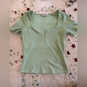 Pull&Bear Light Green Ribbed Short Sleeve Top